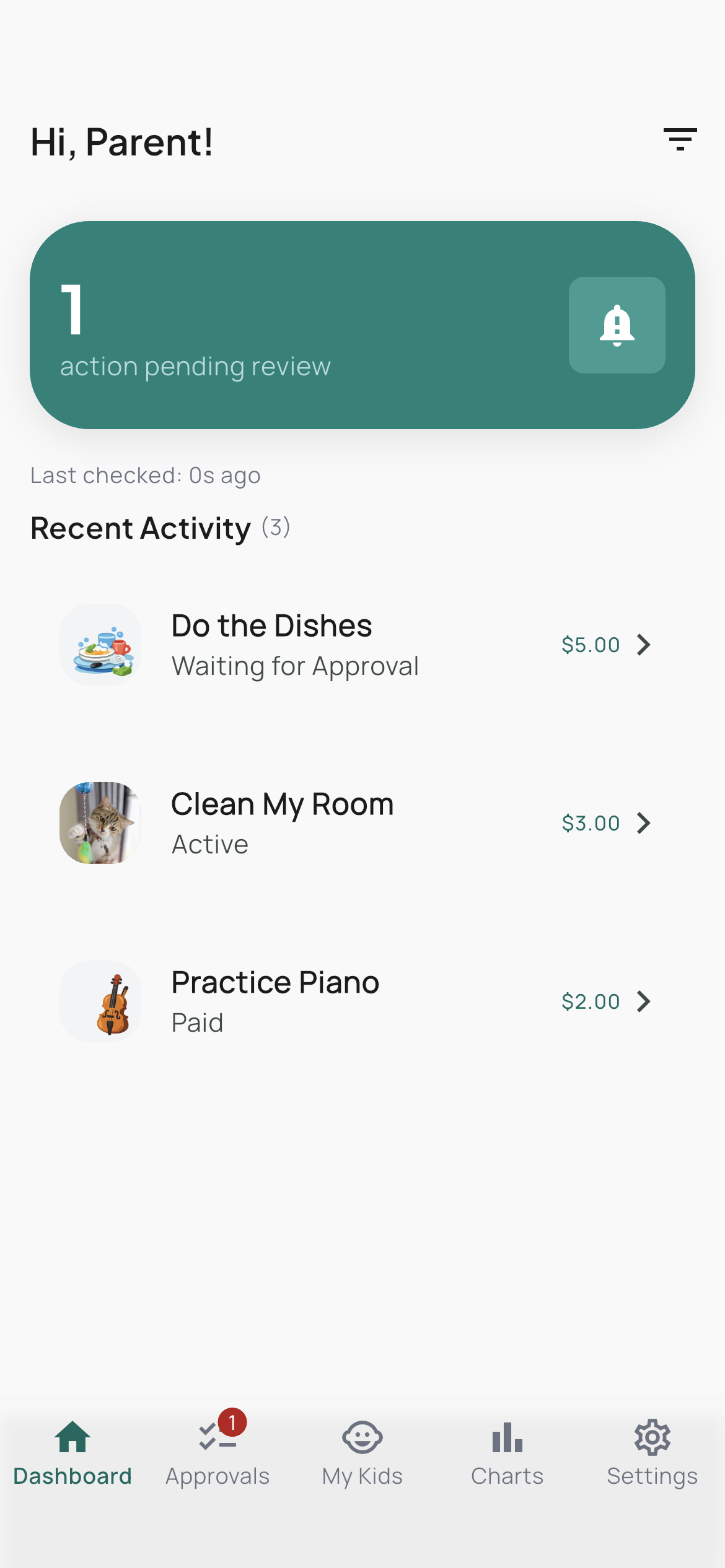Parent dashboard showing pending reviews and recent chore activity