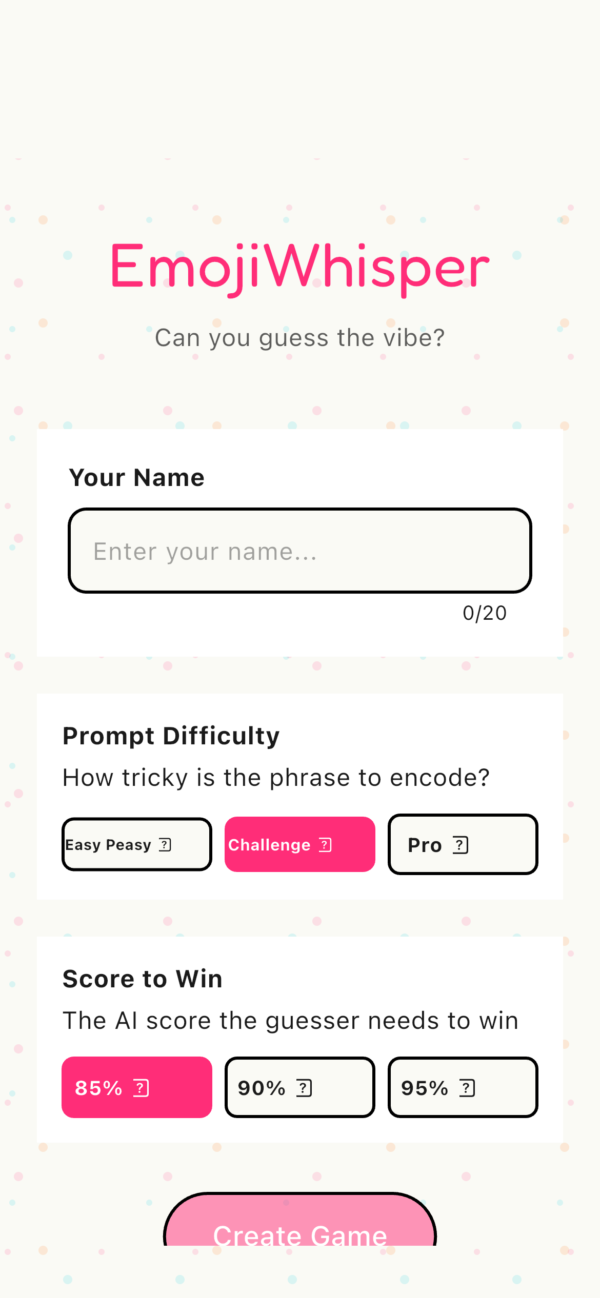 EmojiWhisper game setup screen showing name entry, prompt difficulty, and score to win settings