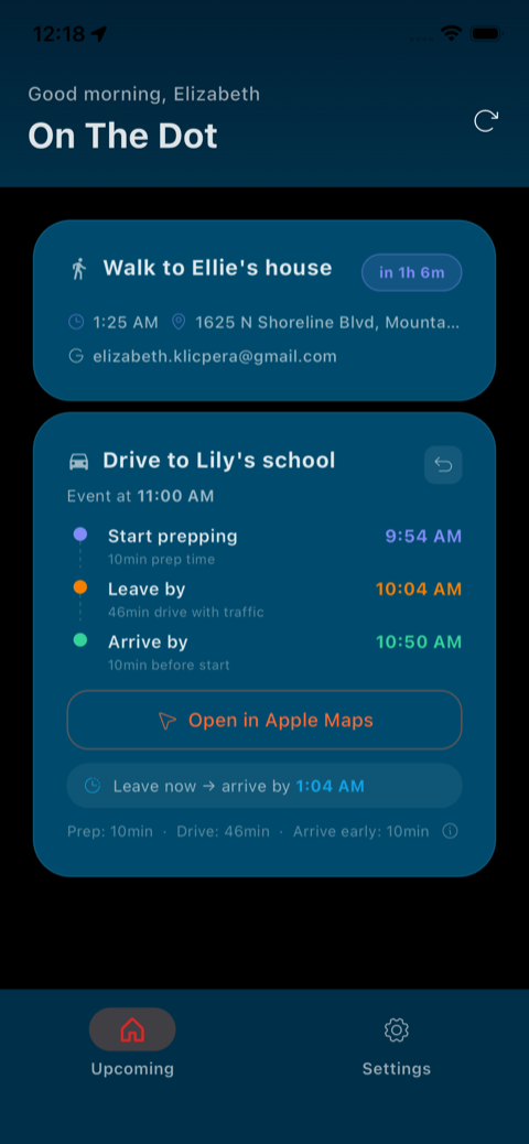 Detailed view of a driving event with live traffic and Open in Apple Maps button