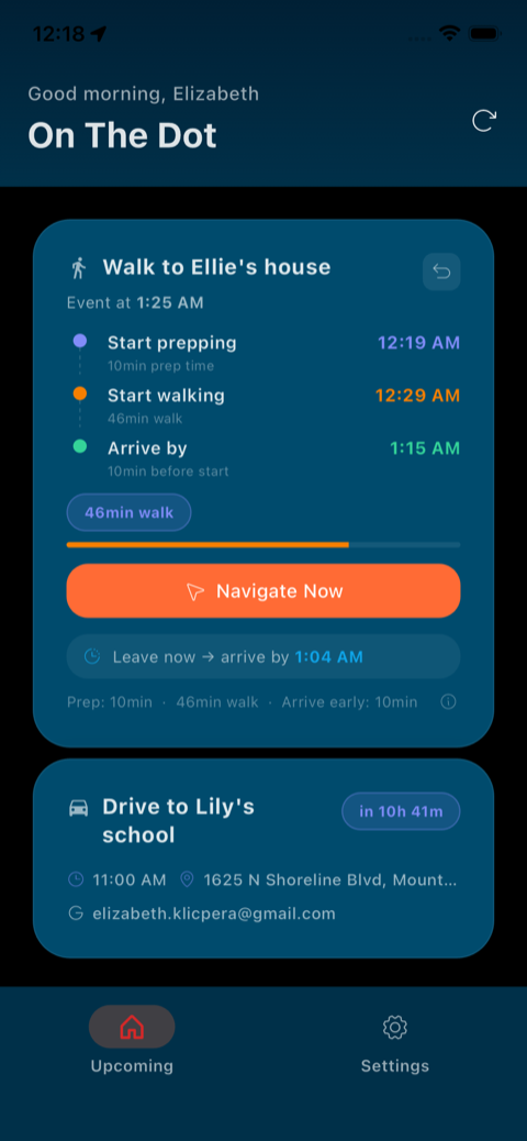 Detailed view of a walking event with prep time, walk time, and arrival schedule