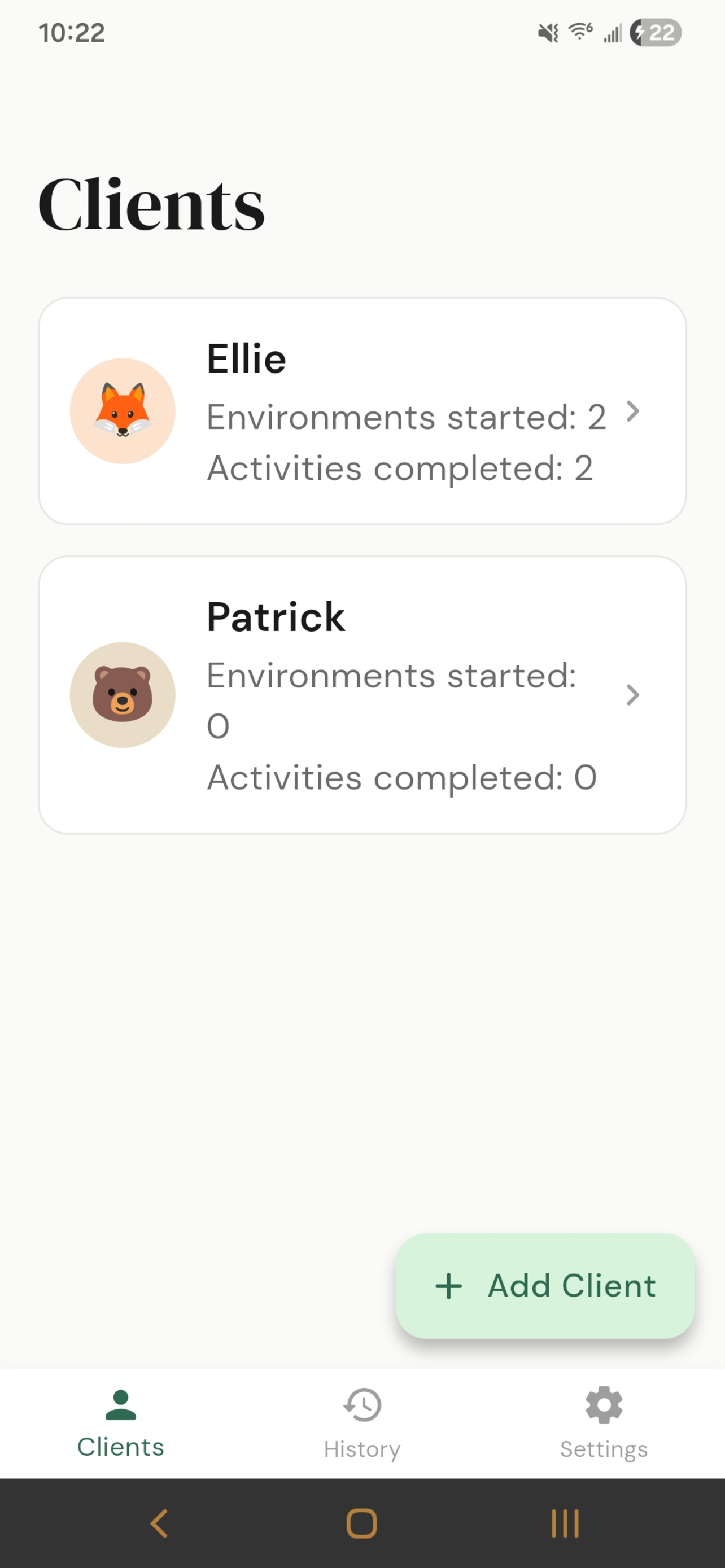 Own My Path clients screen showing client profiles with animal avatars, environments started and activities completed