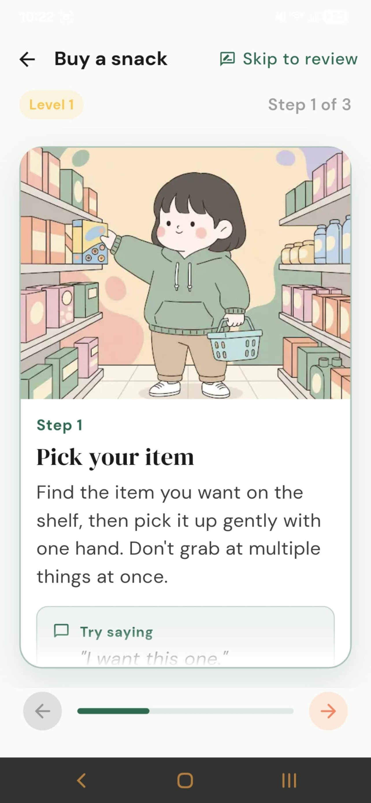 Own My Path Buy a Snack activity at the grocery store showing Step 1 Pick your item with illustration