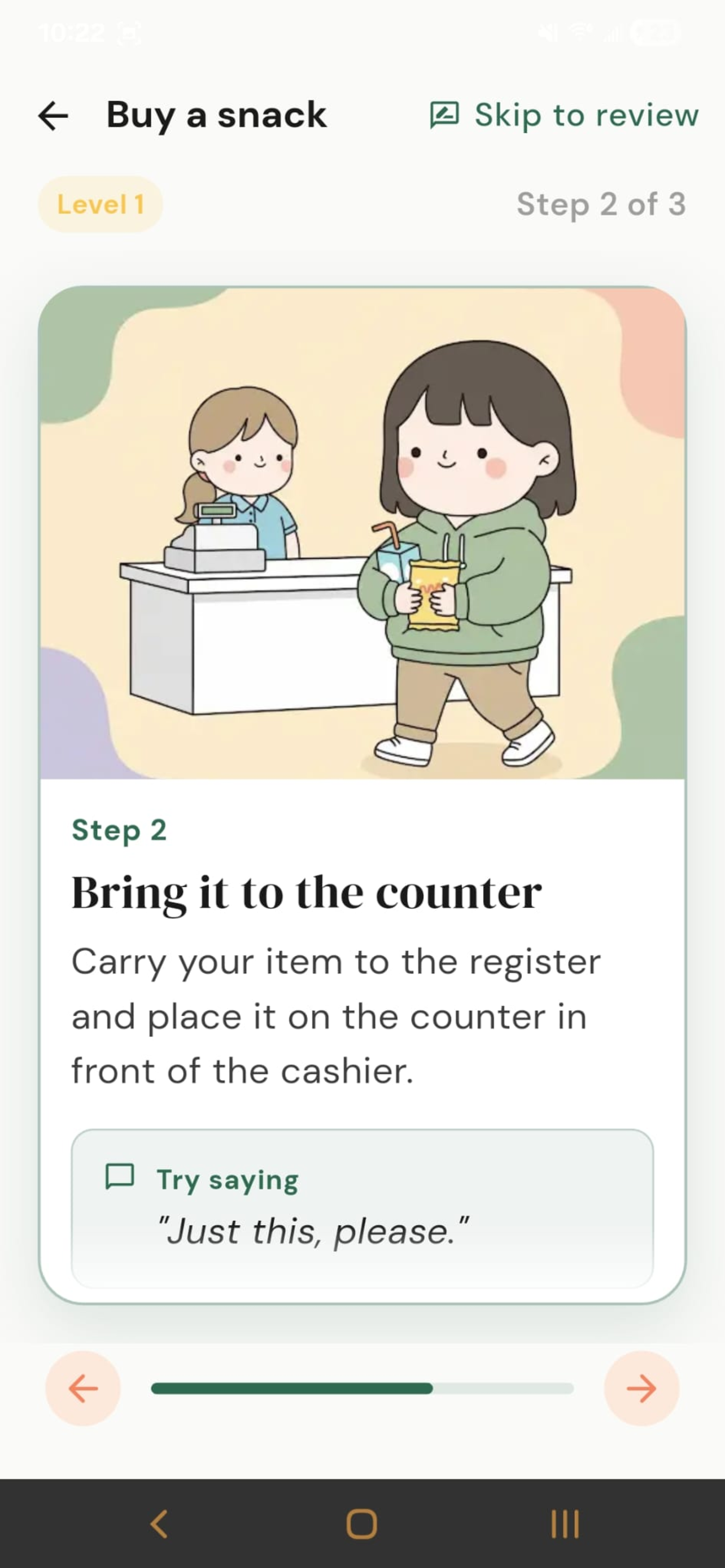 Own My Path Buy a Snack activity Step 2 Bring it to the counter with illustration and Try saying prompt
