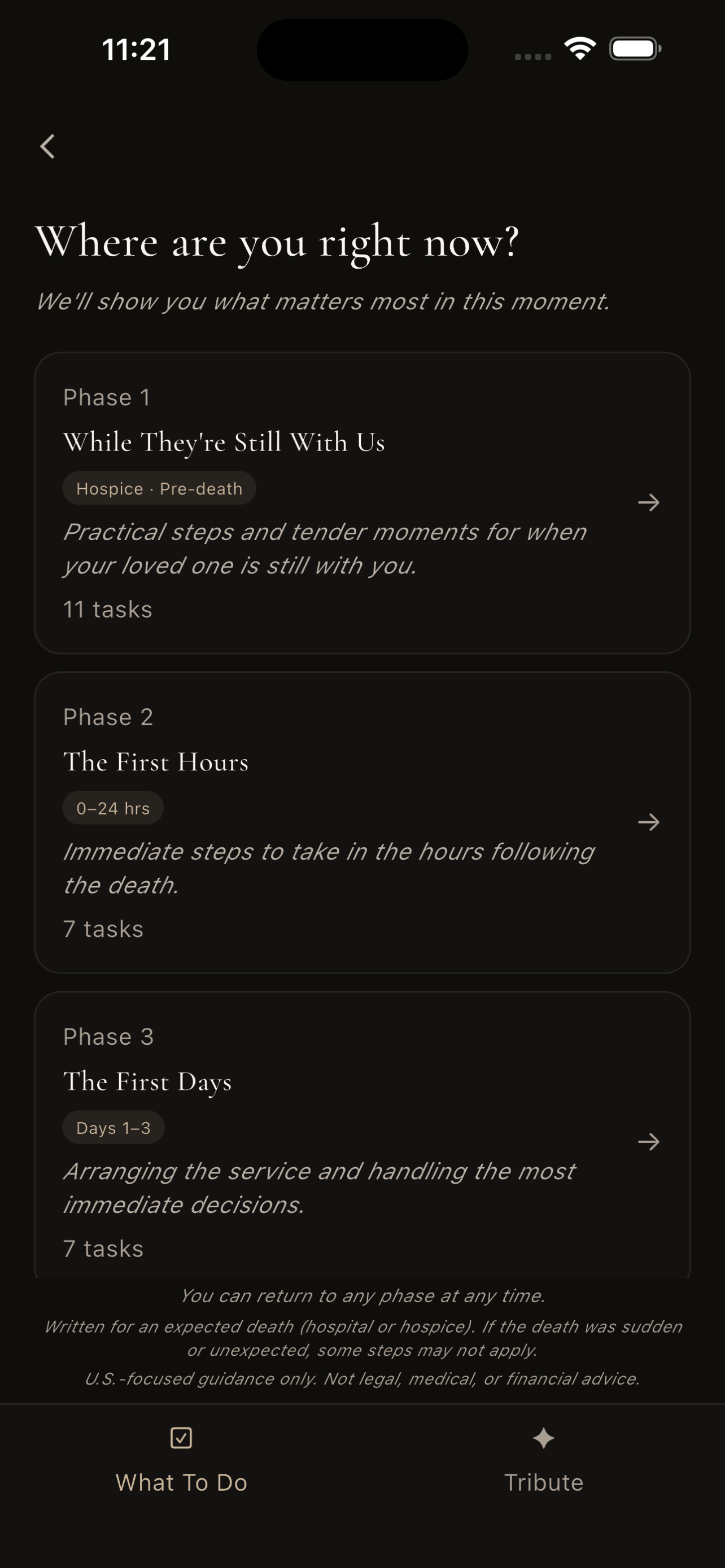 Tendence showing checklist phases: While They're Still With Us, The First Hours, and The First Days